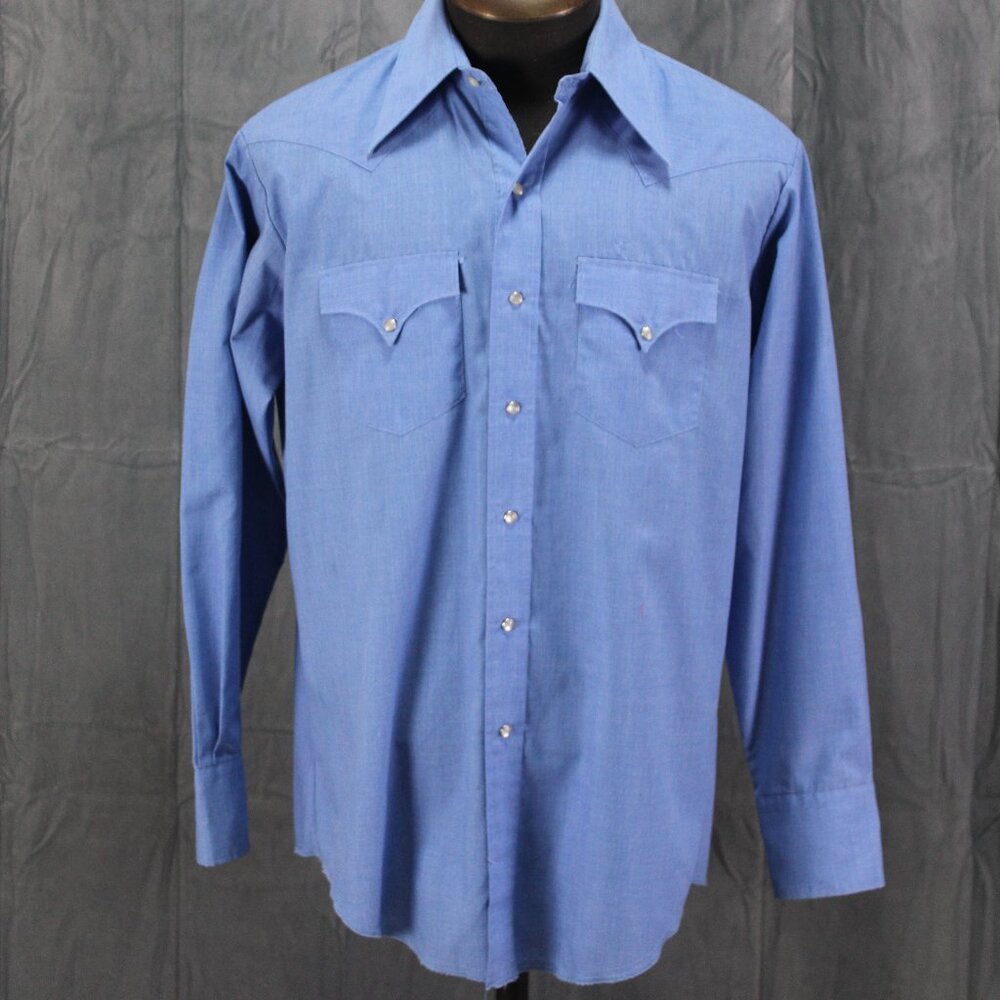 Vintage Western Shirt - Solid Blue Pearl Snaps by Karman - Men's Large